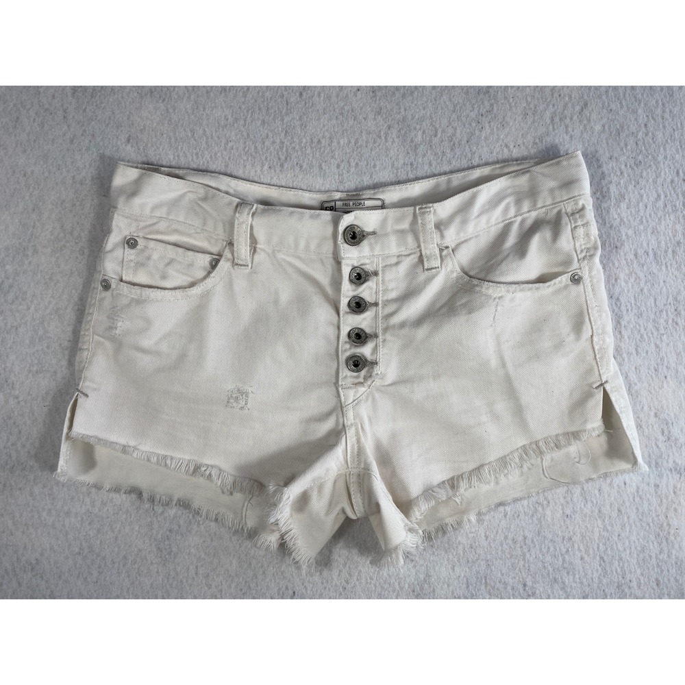 Free People Cream Button Fly Denim Western Shorts Distressed Side Slit Size 26